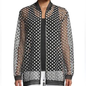 Elie Tahari Gilana Geometric Mesh Black White Full Zip Bomber Jacket Coat Size L